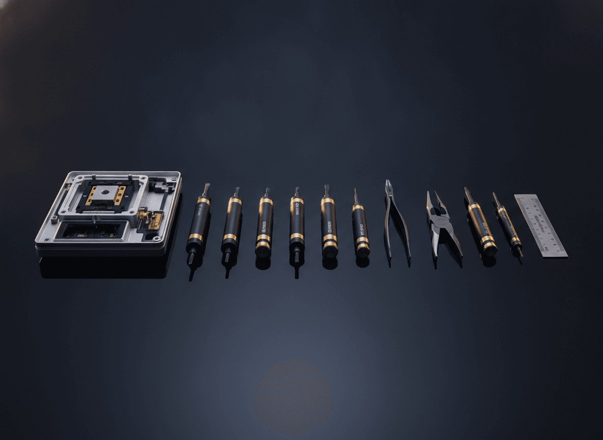 Precision tools laid beside an opened weighing scale showing its load cell