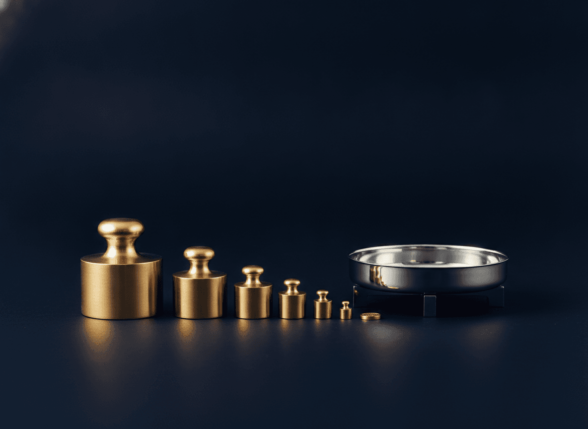 A descending row of polished brass calibration weights beside a steel weighing pan
