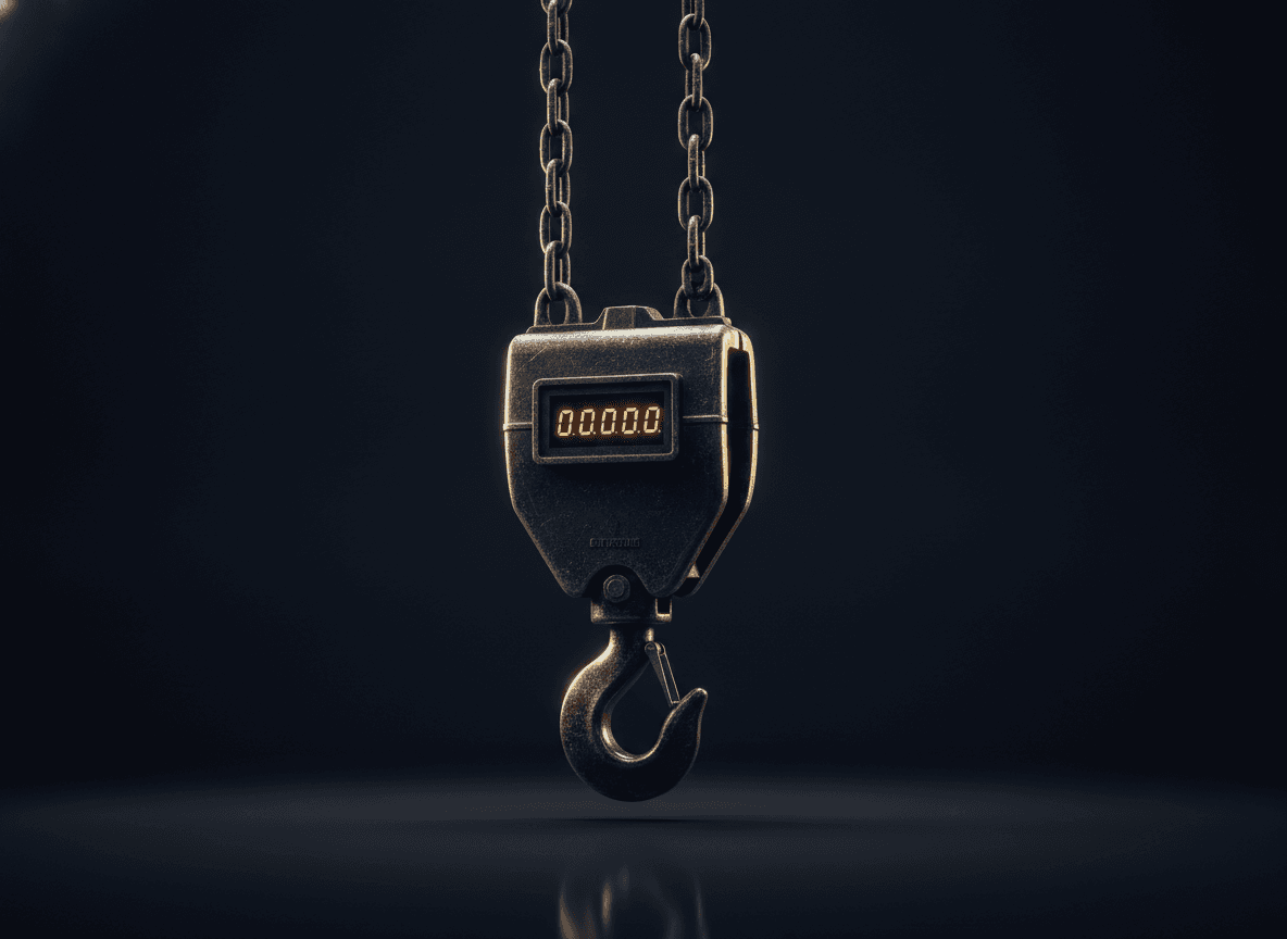 An industrial crane scale hanging on a chain with a heavy steel hook