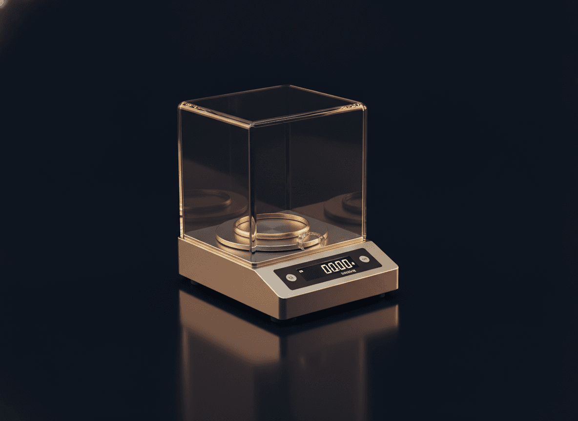 A precision jewellery balance with glass draft shield and a gold bangle on the pan