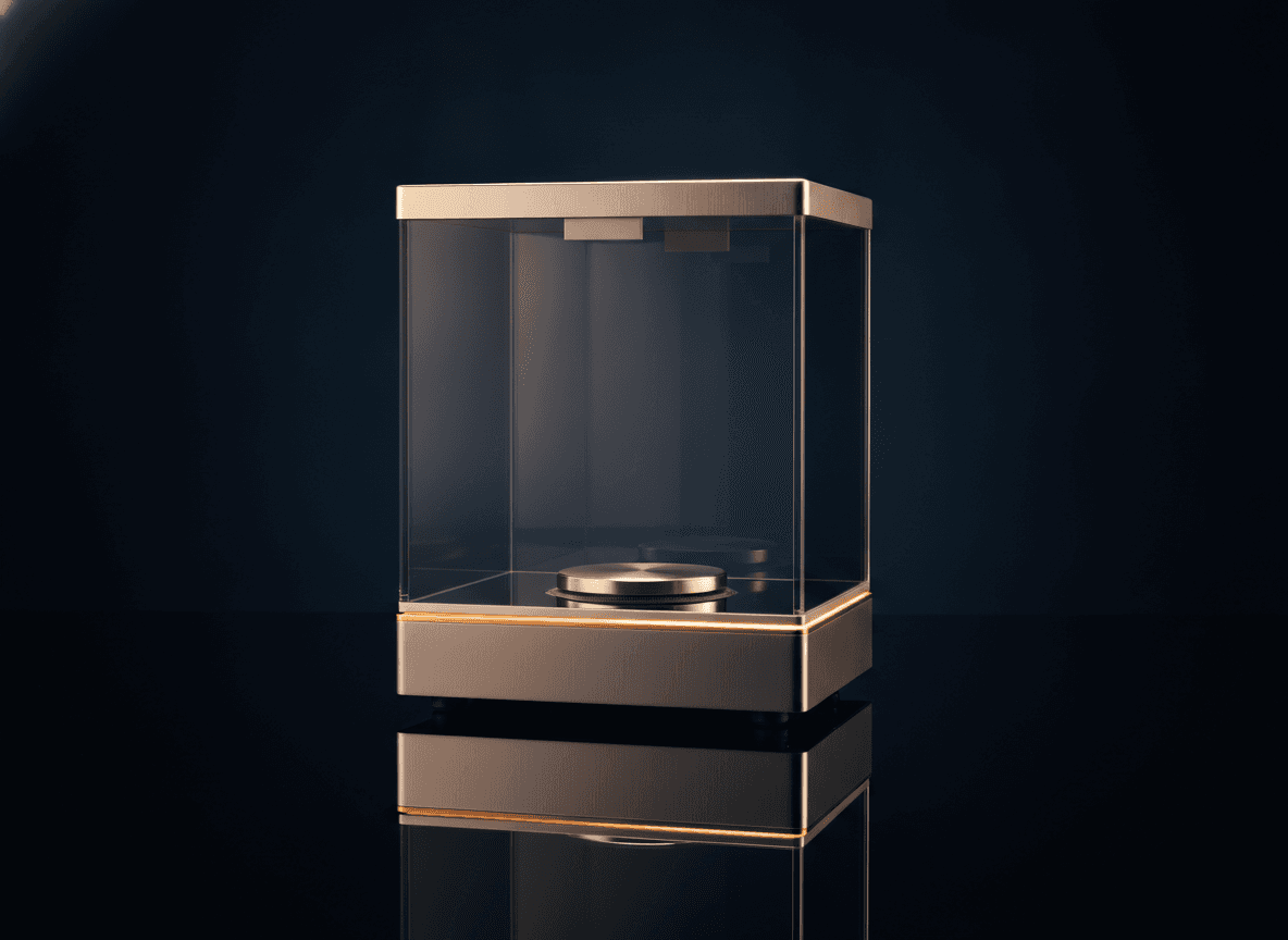 A laboratory analytical balance with a glass draft chamber